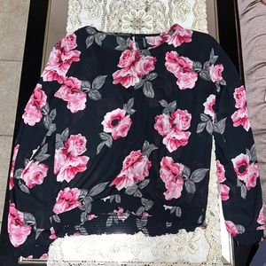 H&M Divided black sheer long-sleeved blouse with pink floral print